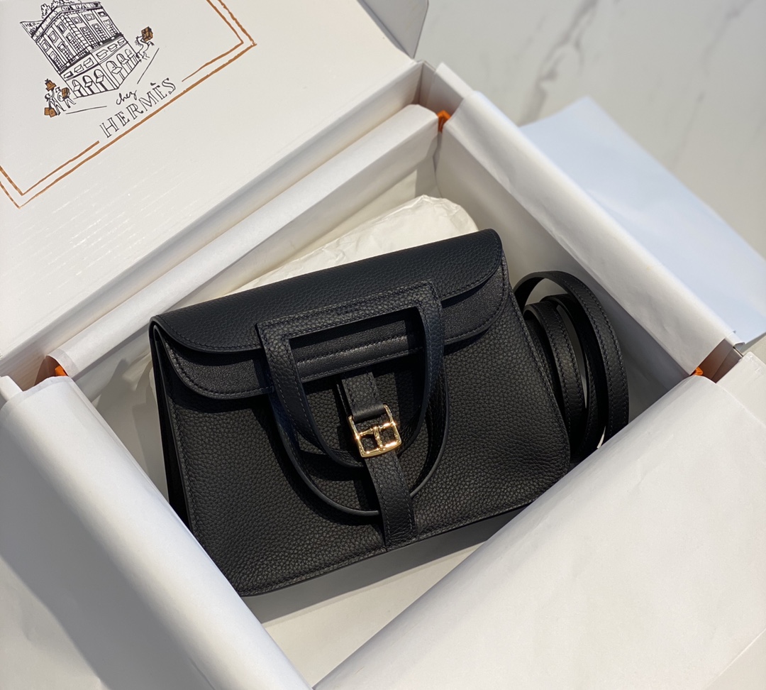 Hermes Mini Halzan 22 Handbag Shoulder Bag In Black Clemence Leather